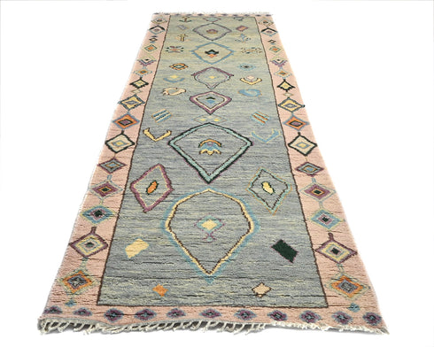 13 Feet Moroccan Green Hand Woven Wool Runner Rug